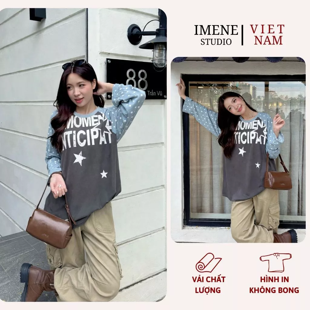 Áo thun dài tay nữ, áo thun thu đông phối sao, áo thun raglan in chữ phối màu nghệ thuật