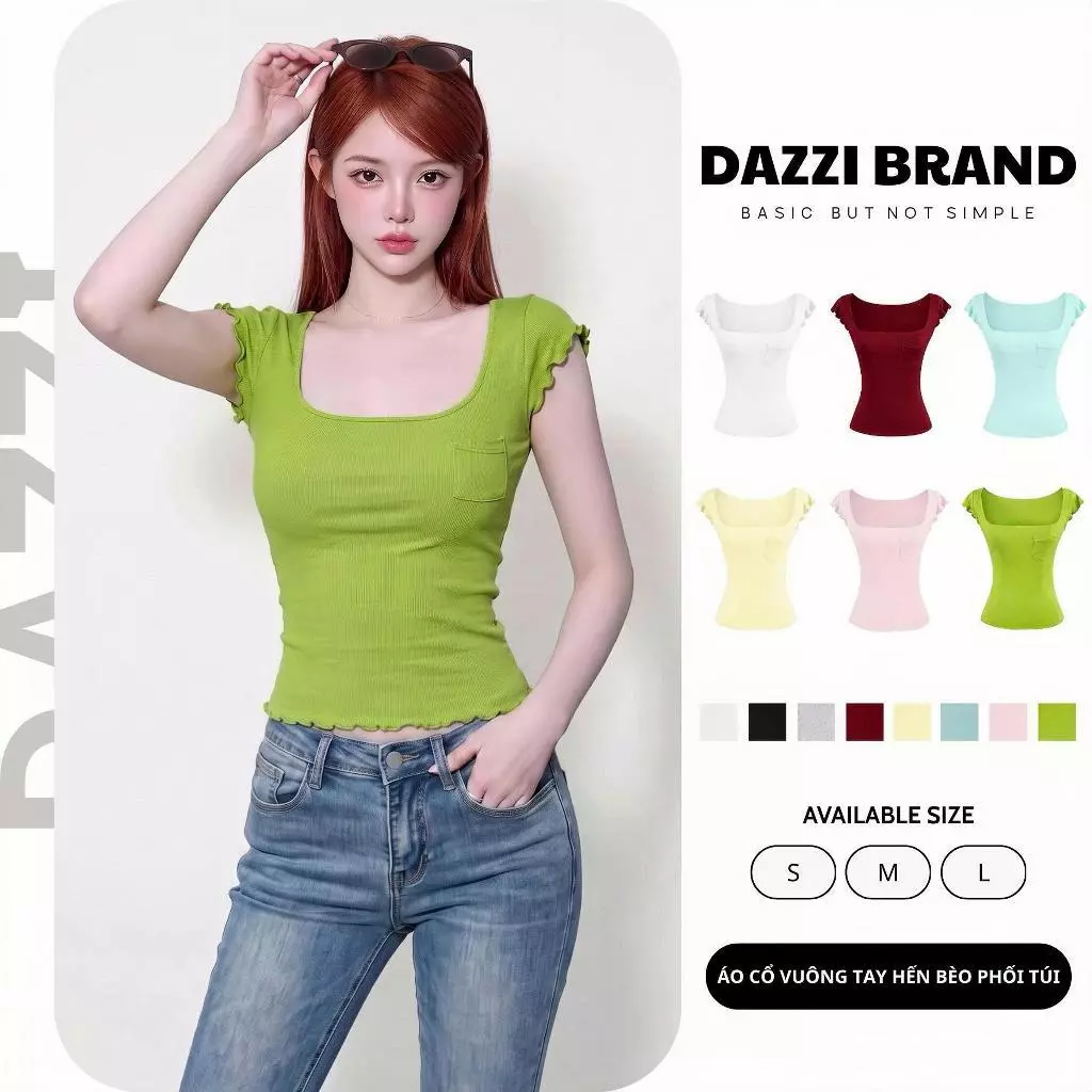 Áo thun cổ vuông tay hến phối túi nhỏ form ôm body tôn dáng vải thun mịn DAZZI B013