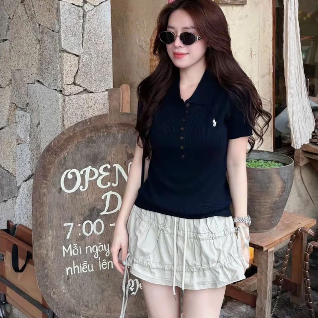 Áo Polo Nữ Cổ Bẻ Dệt Gân Tay Ngắn Form Ôm Body Thanh Lịch Basic Thời Trang Nữ