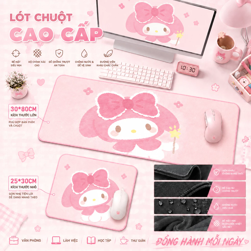 Tấm lót chuột bàn phím My Melody Sanrio dễ thương, tấm lót chuột cỡ lớn, chống trượt, size 80*30 & 30*25