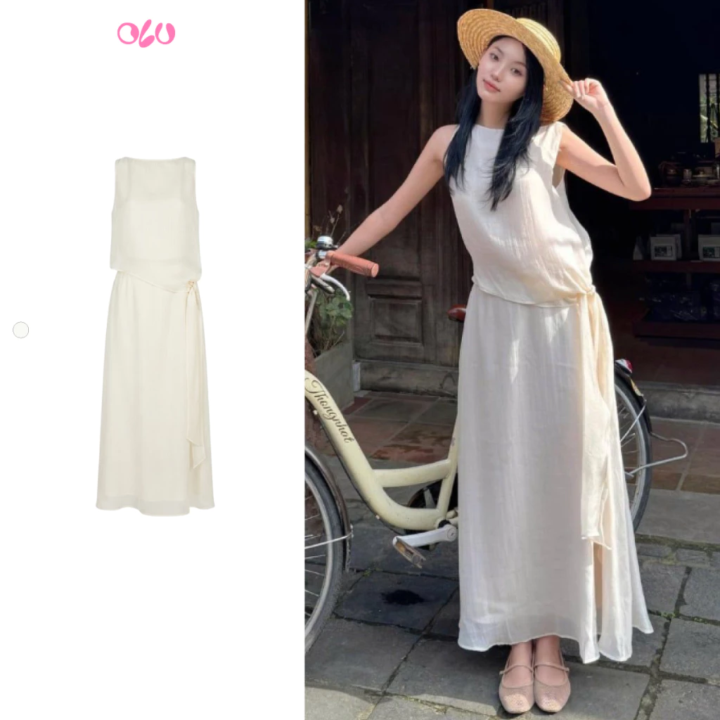 Set OLV áo và chân váy đũi thanh lịch mềm mại Cream Muslin Tie Waist Set phù hợp đi chơi đi làm
