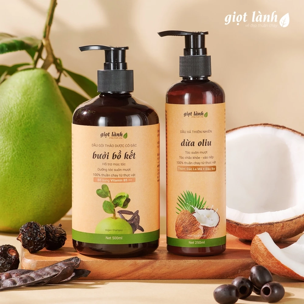Cặp dầu xả, dầu gội bồ kết bưởi - Dầu xả thiên nhiên dừa oliu thuần chay hỗ trợ kích mọc Giọt Lành
