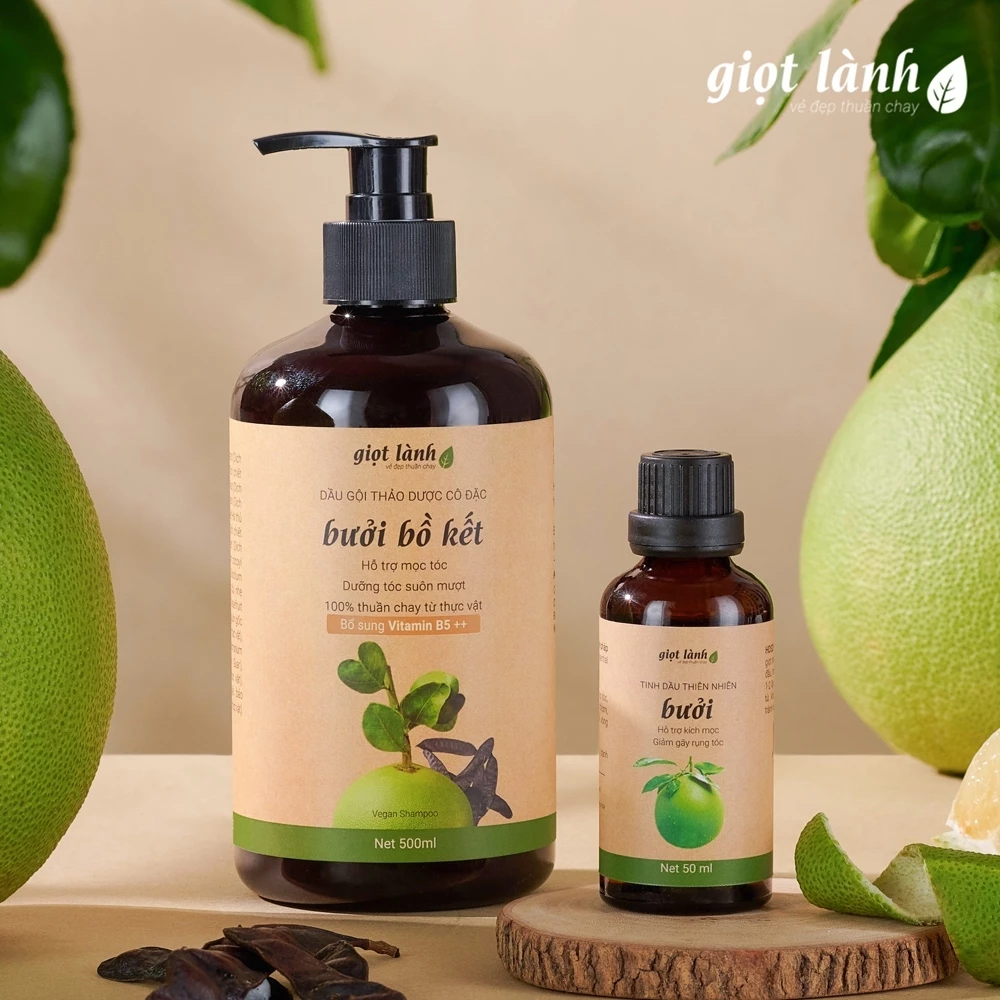 [Bộ dành cho tóc thưa] Dầu gội bồ kết và Tinh dầu bưởi nguyên chất dưỡng tóc - Giọt Lành