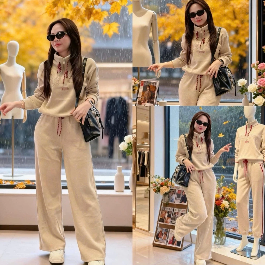 Set Bộ Đồ Nữ Len Tăm Lông Thỏ Thêu Chữ Đỏ Áo Dài Tay Cổ Khóa Lửng Dây Rút Gấu Mix Quần Suông Dài Ống Rộng