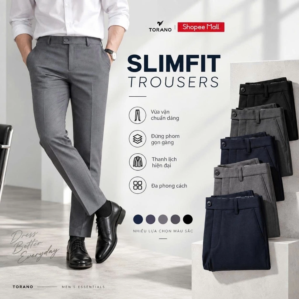 Quần âu nam SLIMFIT TROUSERS TORANO slim-fit cạp trơn chuẩn phom DABT900
