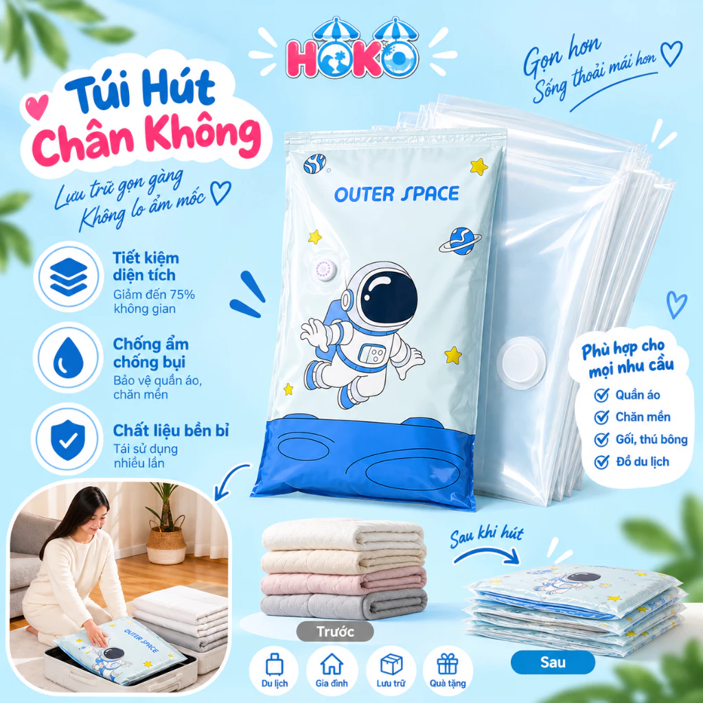 Túi hút chân không đựng và bảo quản quần áo,chăn màn mền dày dặn cho vào vali khi đi du lịch HOKO