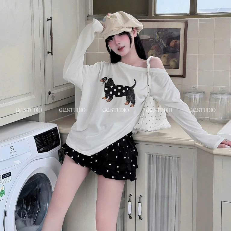 Set Bộ Đồ Nữ Áo Thun Giấy Trắng Lệch Vai In Cún Bi Dài Tay Mix Chân Váy Đũi Chấm Bi Đen Trắng Xòe Tầng