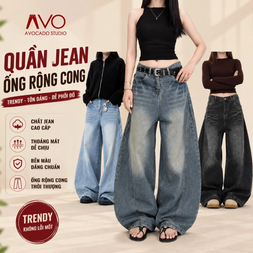 Quần Jean Bò Nữ Nam Unisex suông ống Bí rộng Avo Avocado dáng phối đường viền nối thân cong size S-XXL