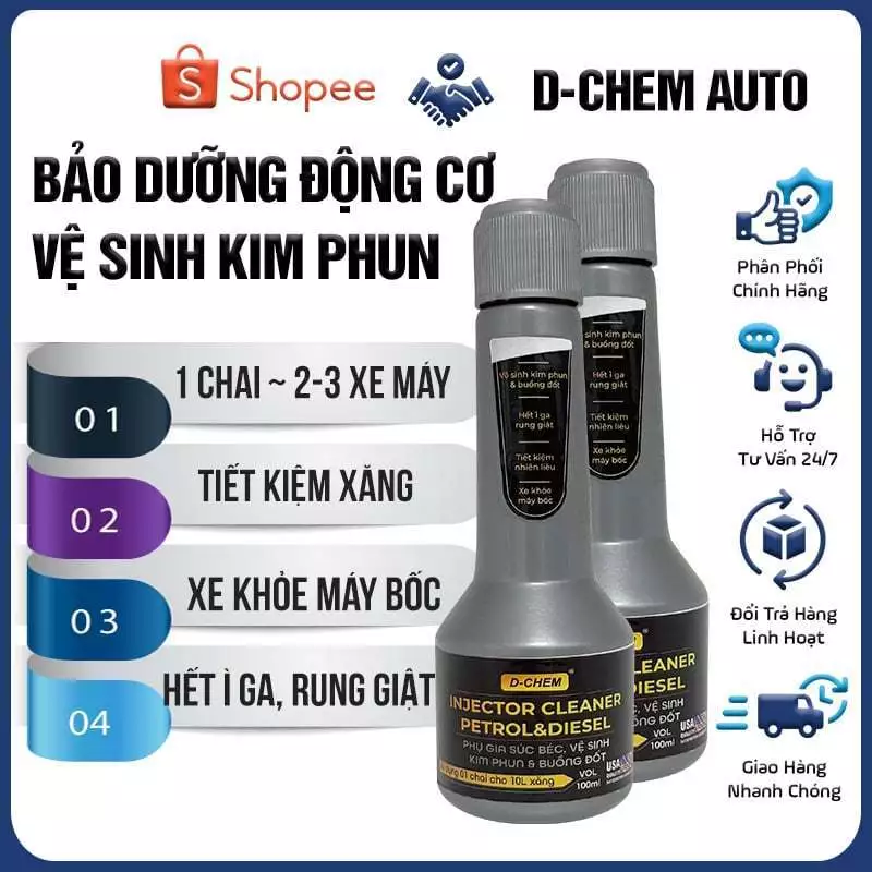 [Combo 2 chai] Chai Súc Béc, Vệ Sinh Kim Phun D-Chem Cho Xe Xăng & Dầu Bảo Dưỡng Động Cơ Ô Tô Xe Máy