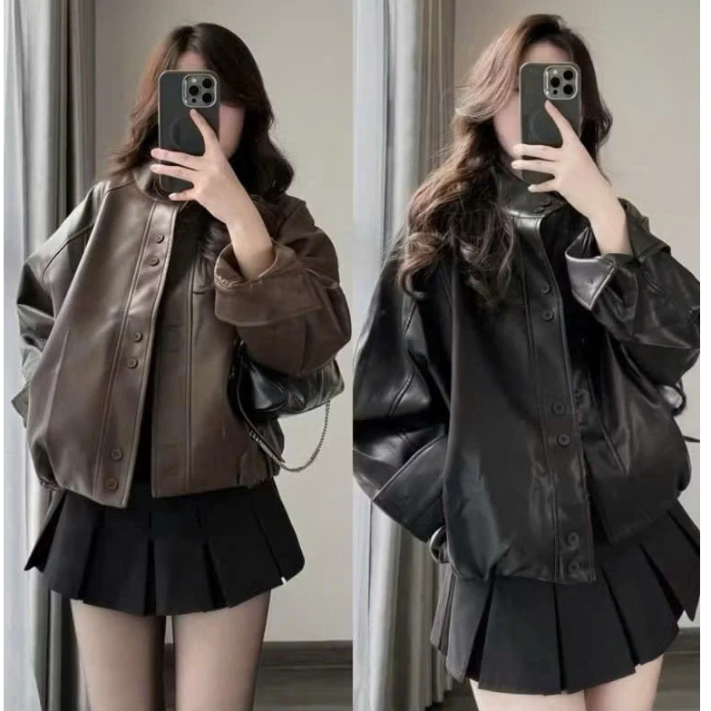 [HÀNG QC/LOẠI1] Áo Khoác Da Nữ 2 Lớp Dáng Ngắn Cá Tính, Áo Da Bomber Nữ Cổ Cao Phong Cách Hàn Quốc