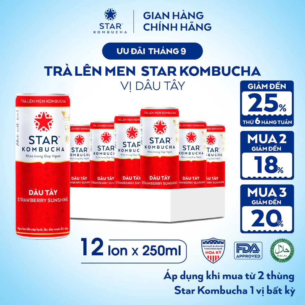 Thùng 12 Lon Trà Lên Men STAR KOMBUCHA Dâu Tây 250ml - Thức Uống Bổ Sung PROBIOTICS Tự Nhiên Từ Trà, SCOBY Và Thảo Mộc