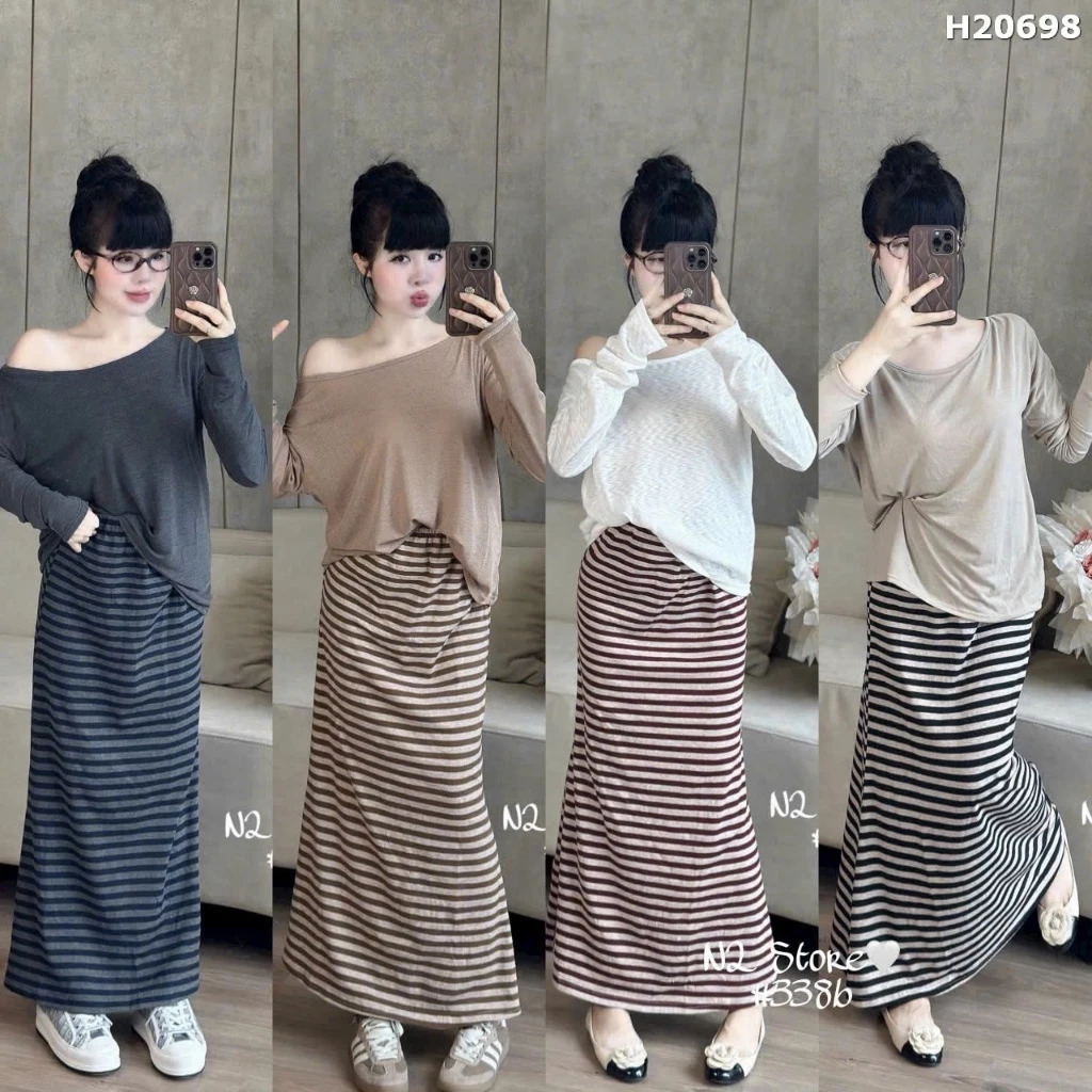 Set Bộ Đồ Nữ Áo Thun Giấy Trơn Dài Tay Lệch Vai Mix Chân Váy Zip Kẻ Ngang Dáng Dài