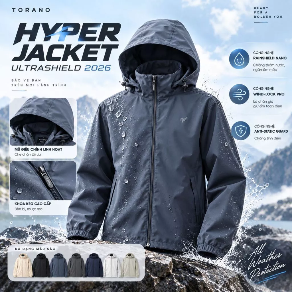 Áo Khoác Gió Nam 2 lớp HYPER JACKET TORANO Công Nghệ Cao Cấp Heattech, Chống Thấm, Cản Bụi, Cản Gió, Giữ ấm EWCW001