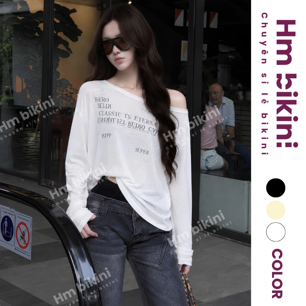 [TẶNG DÂY CHUN] Áo Thun Giấy Nữ Tay Dài Lệch Vai In Chữ RTERO Form Oversize, Áo Phông Giấy Mỏng Nhẹ Co Giãn Cá Tính
