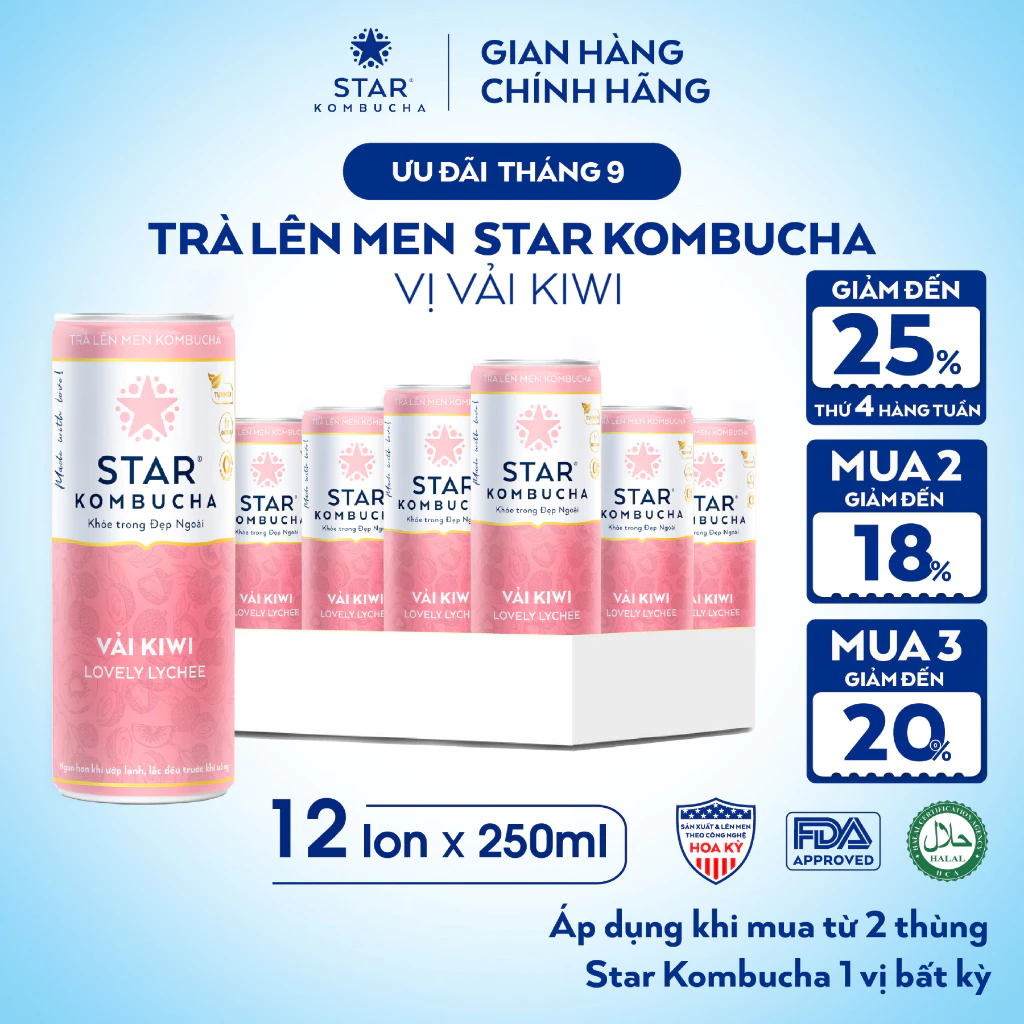 Thùng 12 Lon Trà Lên Men STAR KOMBUCHA Vải Kiwi 250ml - Thức Uống Bổ Sung PROBIOTICS Tự Nhiên Từ Trà, SCOBY Và Thảo Mộc