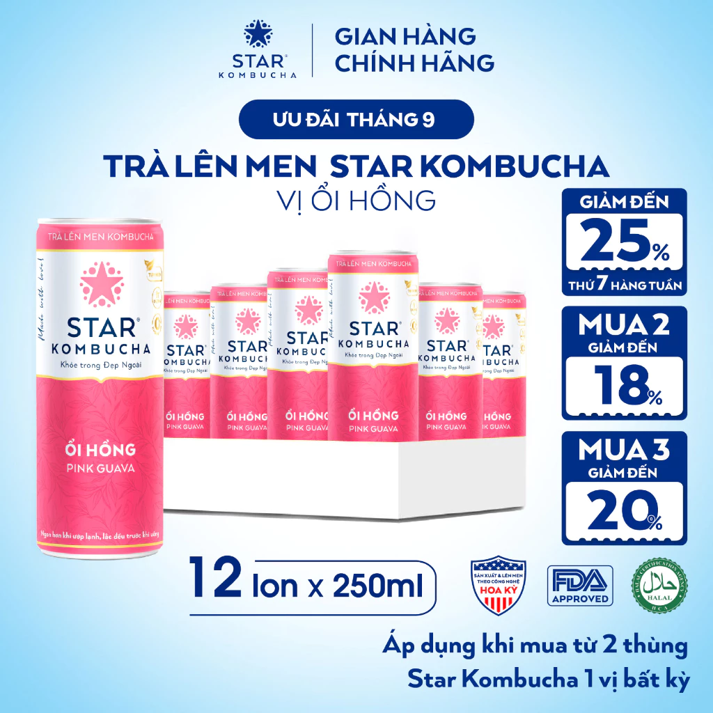 Thùng 12 Lon Trà Lên Men STAR KOMBUCHA Ổi Hồng 250ml - Thức Uống Bổ Sung PROBIOTICS Tự Nhiên Từ Trà, SCOBY Và Thảo Mộc