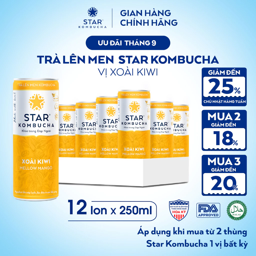 Thùng 12 Lon Trà Lên Men STAR KOMBUCHA Xoài Kiwi 250ml - Thức Uống Bổ Sung PROBIOTICS Tự Nhiên Từ Trà, SCOBY Và Thảo Mộc