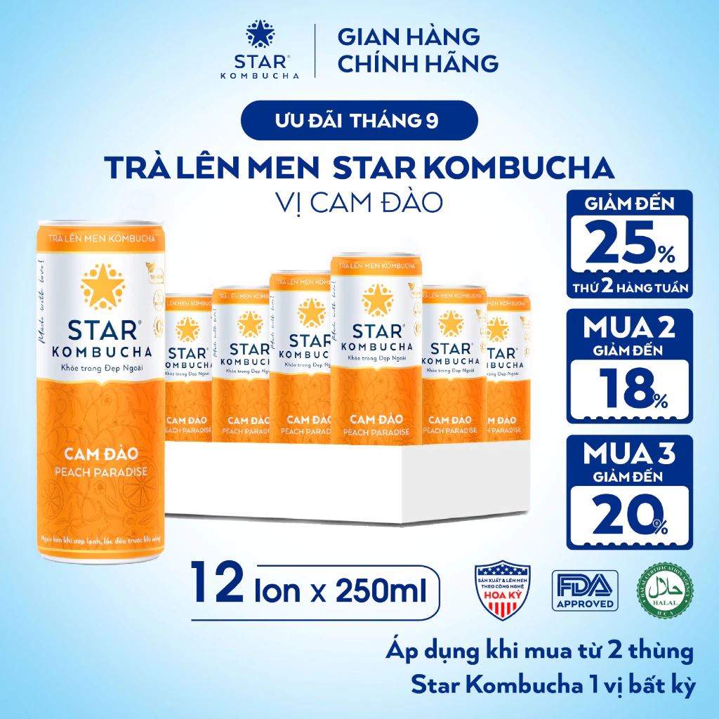 Thùng 12 Lon Trà Lên Men STAR KOMBUCHA Cam Đào 250ml - Thức Uống Bổ Sung PROBIOTICS Tự Nhiên Từ Trà, SCOBY, Thảo Mộc