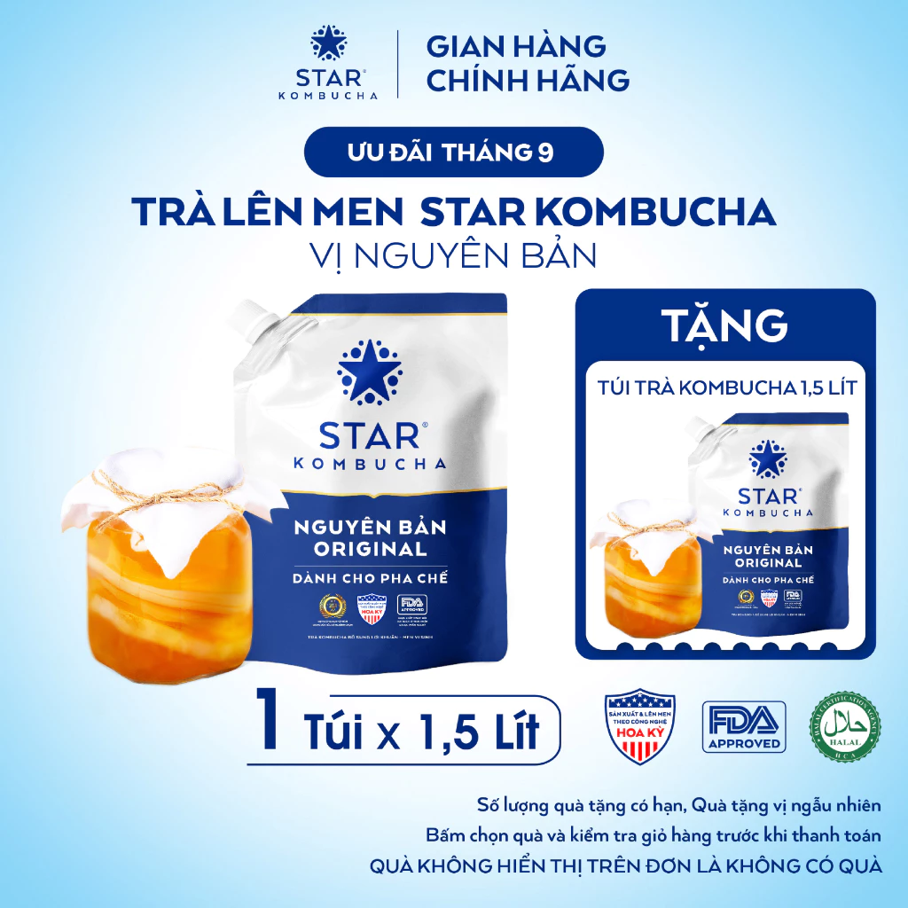 Túi Trà Lên Men STAR KOMBUCHA ORIGINAL Nguyên Bản 1.5 Lít - Giải Pháp PHA CHẾ CHUYÊN NGHIỆP Từ Trà, SCOBY Và Thảo Mộc