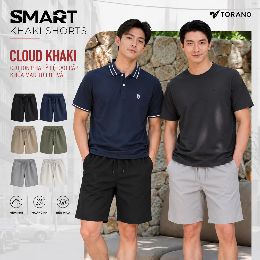 Quần short kaki nam SMART KHAKI SHORTS TORANO dáng basic cạp chun bền màu FSBK010