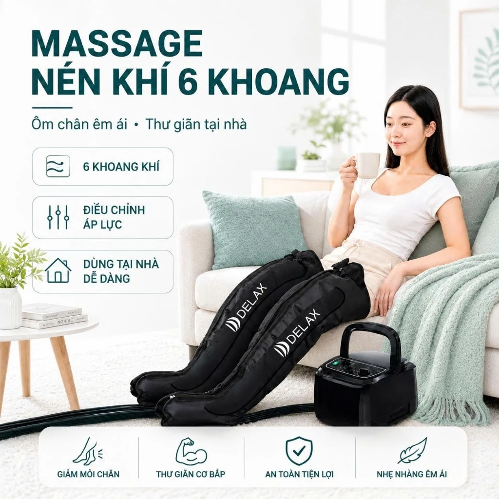 Máy Massage Nén Khí DELAX DK20 Ép Hơi 6 kHOANG Massage Toàn Bộ Tay Chân Bụng, Hỗ Trợ Thư Giãn Cơ