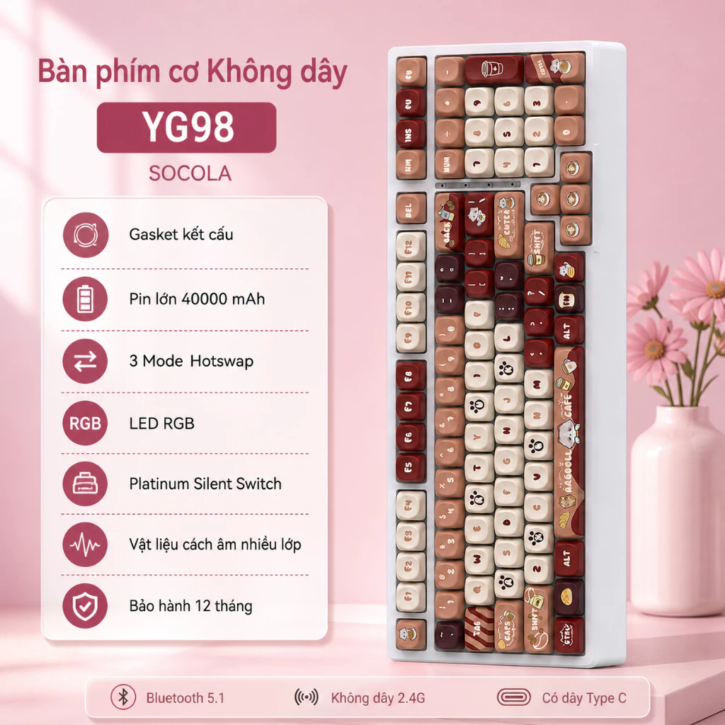 Bàn phím cơ YG98 không dây Bluetooth Có dây Silent switch keycap pbt RGB LED hotswap cho máy tính/laptop/ipad Có APP tùy
