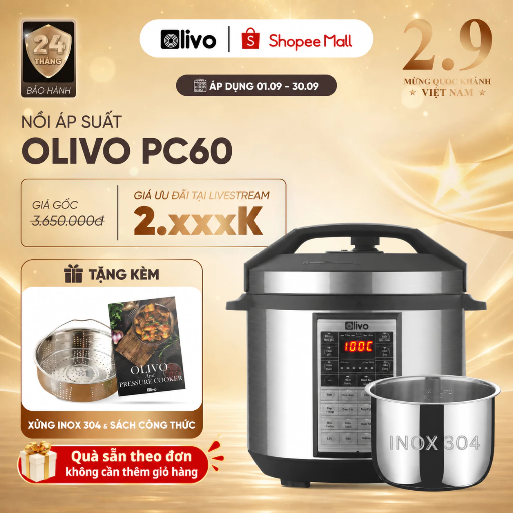 [TẶNG XỬNG INOX 304] Nồi Áp Suất Điện OLIVO PC60 Lòng INOX 304 – Nồi Hầm, Kho, Xào, Nấu Lẩu, Ninh nhừ – Dung Tích 6L