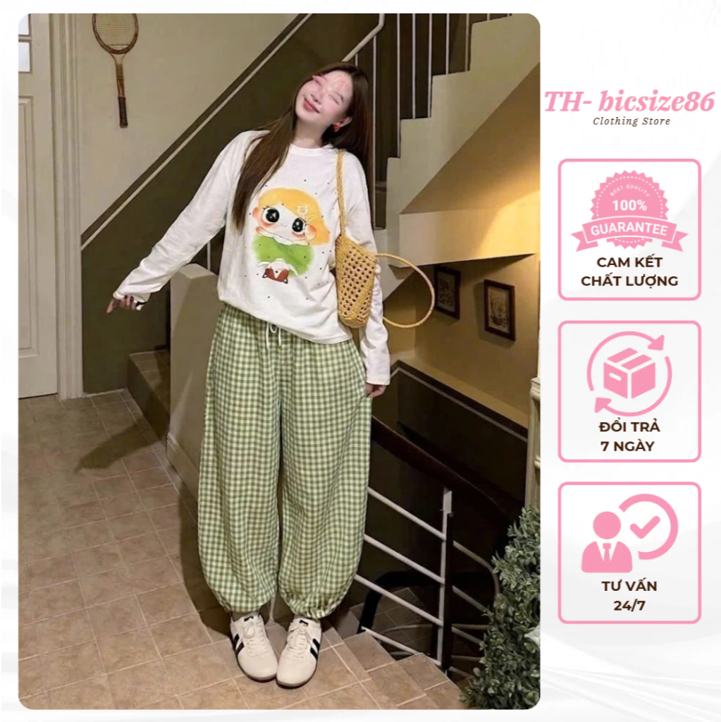 Set áo thun giấy dài tay in hình dễ thương mix quần dài kẻ caro ống bom mặc ngủ đi chơi đều đẹp