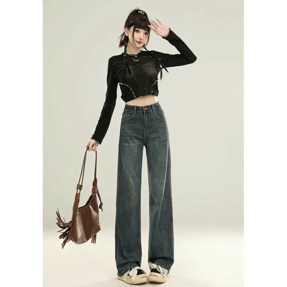 Quần Jean Nữ Ống Đứng Cạp Cao Tôn Dáng, Quần Jeans Nữ Dáng Suông Dài Phong Cách Cổ Điển ED23