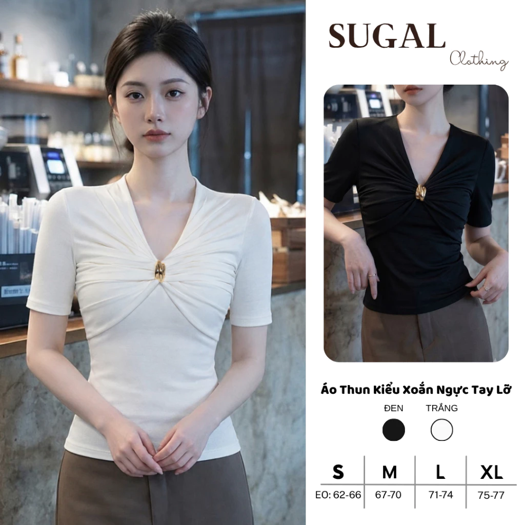 [DEAL MỞ BÁN] SUGAL - Áo Kiểu Nữ Cổ V Xếp Ly Nhún Ngực Đính Khóa Kim Loại - Áo Thun Nữ Tay Lỡ Ôm Body Tôn Dáng | TOP 333