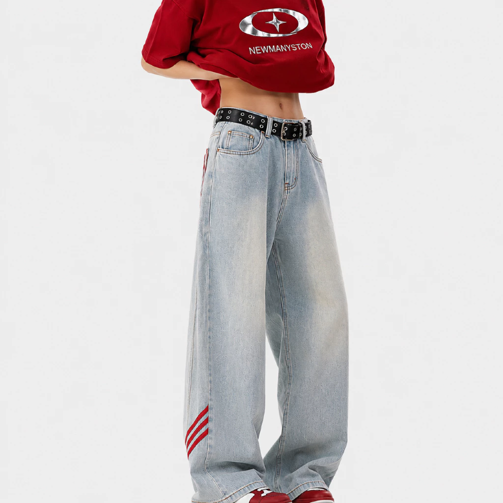 Quần Jeans Ống Rộng Nam Nữ Form Baggy Wash Bạc Phối Sọc Đỏ Cá Tính Ulzzang Streetwear Ống Suông Unisex