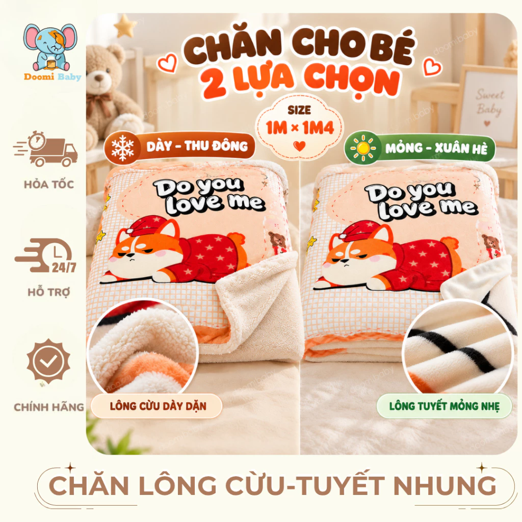 Chăn Thu Đông Cho Bé, Chăn Tuyết Nhung Mềm Mịn 1mx1m4, Chăn Ấm Cho Bé Doomi Baby HT643 HT722 HT818