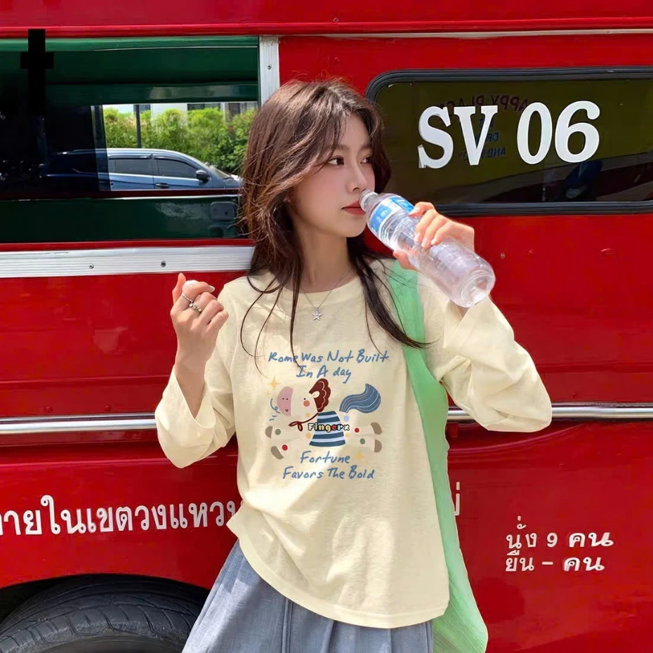 Áo thun nữ dài tay chất xược giấy dáng rộng MENINA, áo phông dài tay nữ in hình thời trang.
