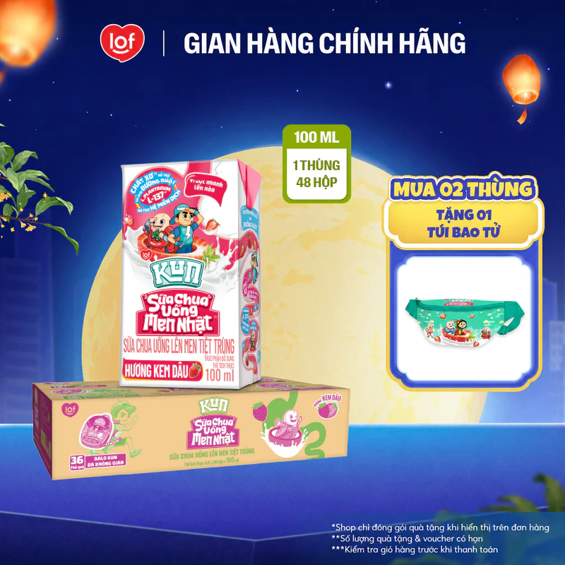 Sữa chua uống KUN vị kem dâu thùng 48 hộp x 100ml