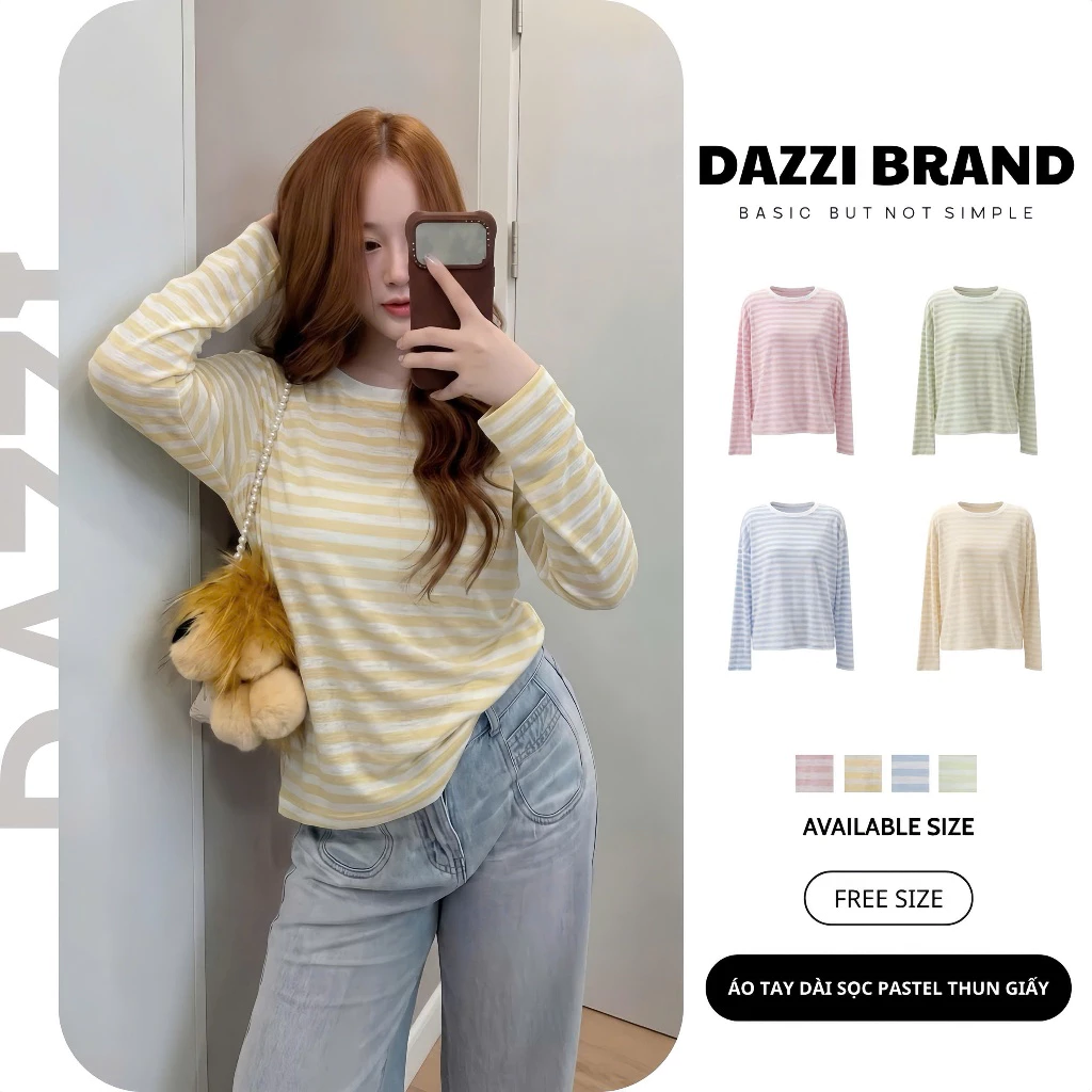 Áo thun tay dài cổ tròn nữ sọc kẻ màu pastel form rộng chất thun giấy DAZZI B017
