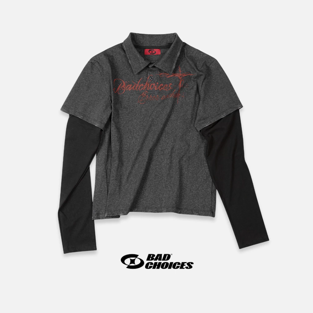 Bad Choices | Áo thun POLO Layered Long Sleeve mài rách form fit