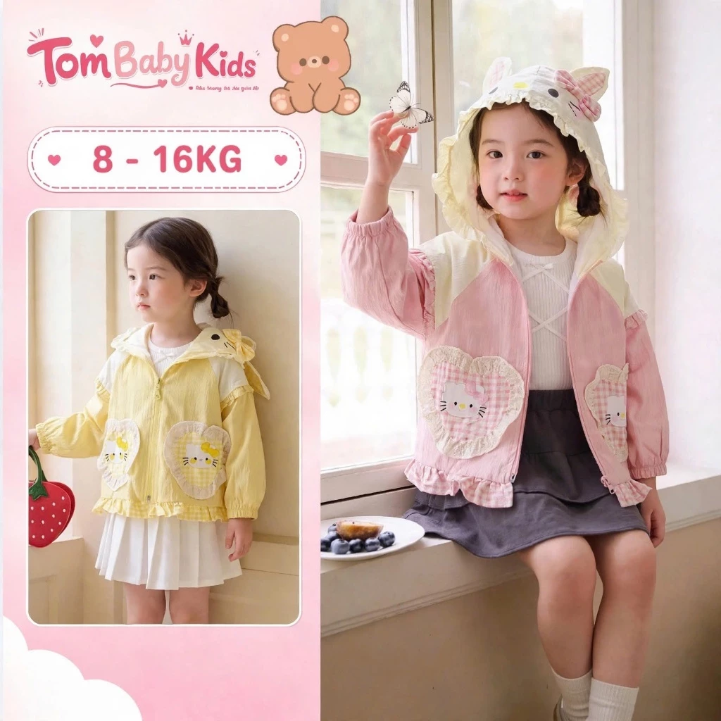 Áo khoác gió bé gái, áo gió trẻ em thu đông 2 lớp có lót lưới cao cấp, hình thêu sắc nét cho bé 8-16kg Tom Baby Kids