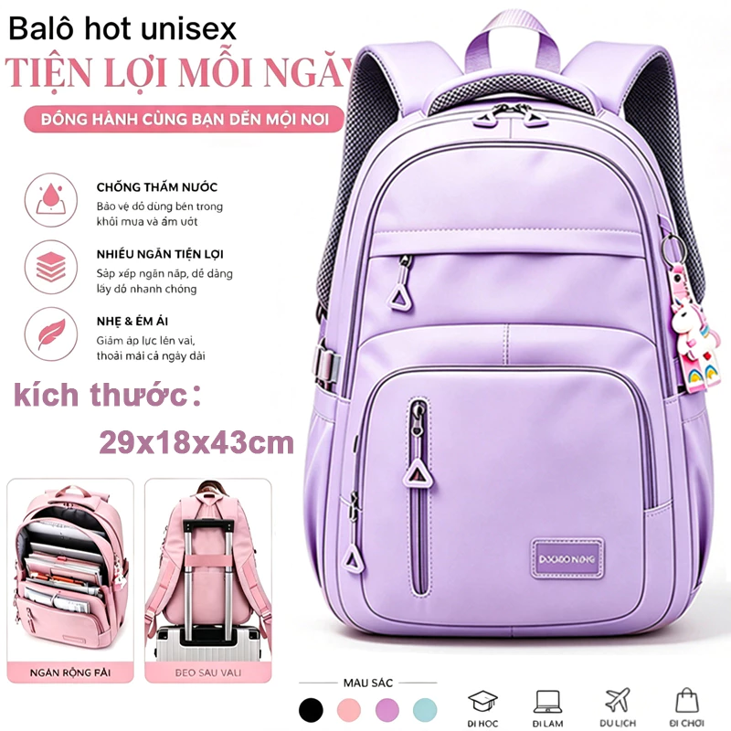 Balo nữ đi học chống nước có ngăn bí mật cặp đi học nữ vải trơn đựng vừa laptop 15,6 inch thời trang.b8705