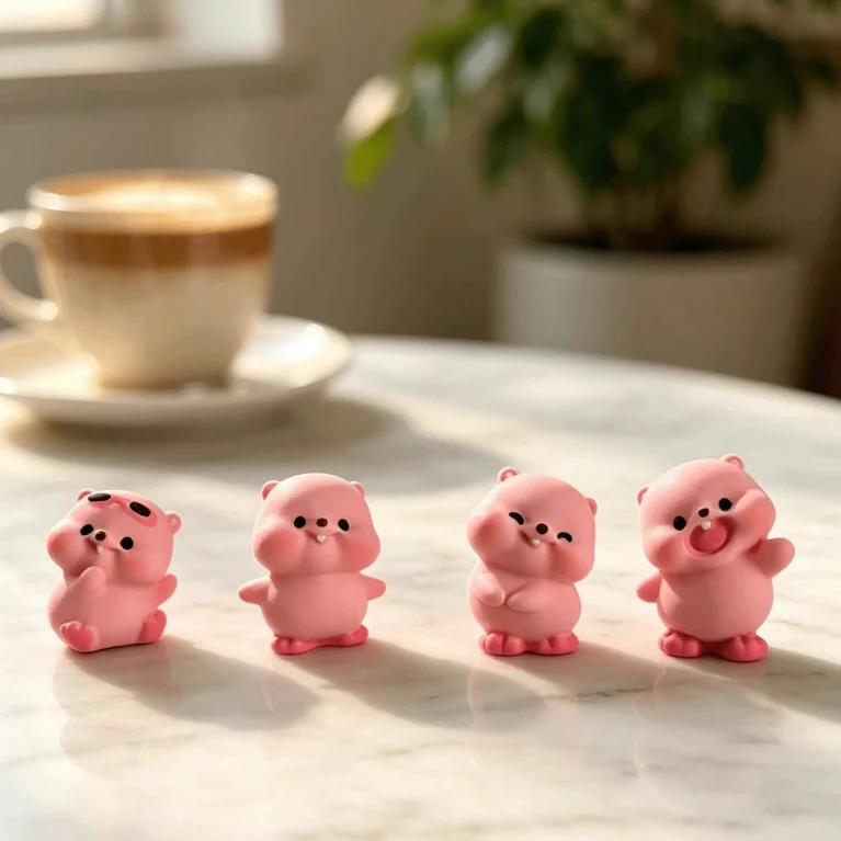 Set 4 bé hải ly hồng trang trí bàn làm việc, oto phù hợp cho văn phòng, học sinh