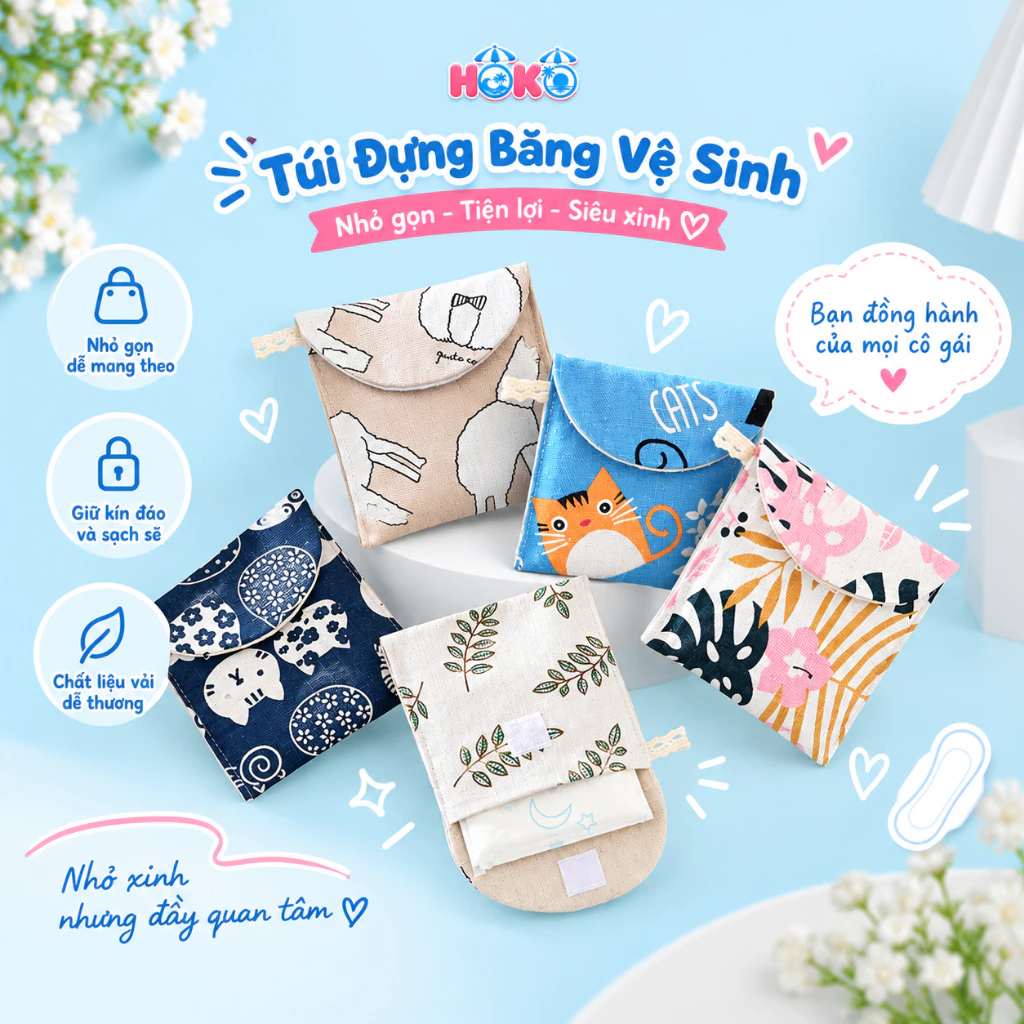Túi đựng băng vệ sinh đa năng tiện lợi HOKO nhiều họa tiết dễ thương kín đáo khi đi ra ngoài