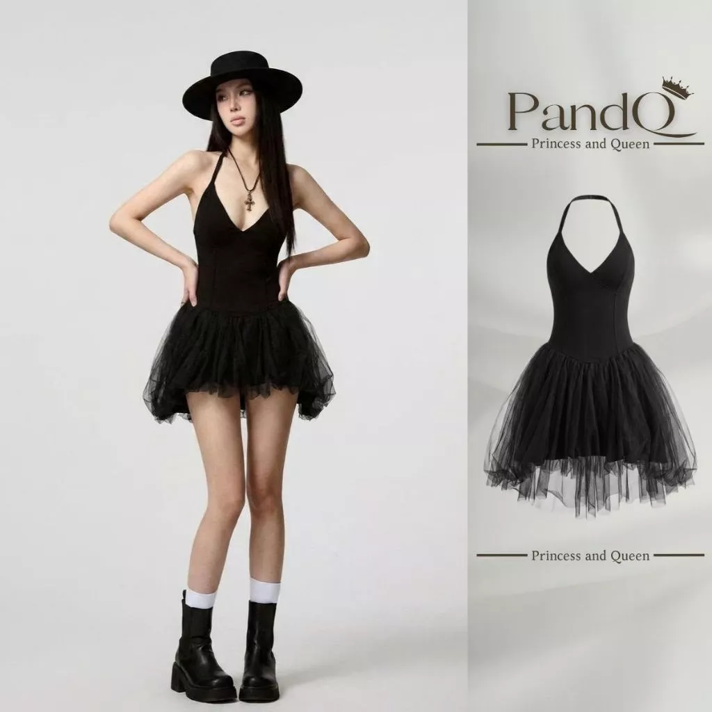 Váy Cổ Yếm PandQ Thân Ôm Corset Chân Váy Tơ Lưới Xòe Phồng Màu Đen Phong Cách Balletcore Sang Chảnh | vd0150