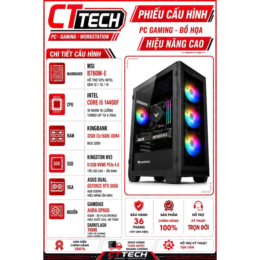 Bộ PC lắp ráp CTTech số 3 ASUS RTX 5050 8G / I5 14400F /  B760M-E / 32GB Buss 3200 / Nvme 512GB  | Mới BH 36 Tháng