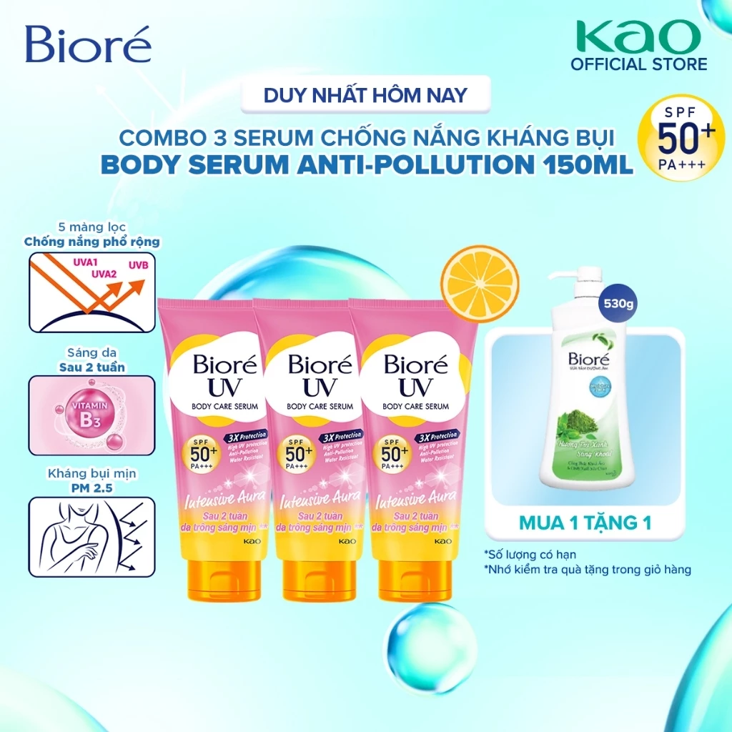 Combo 3 Biore UV Serum Chống Nắng Dưỡng Thể Kháng Bụi - Sáng Da Mịn Màng SPF50+/PA+++ 150ml