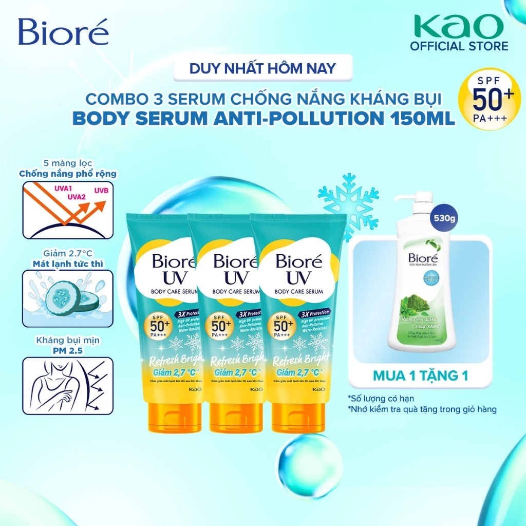 Combo 3 Biore UV Serum Chống Nắng Dưỡng Thể Kháng Bụi - Sáng Mịn Mát Lạnh SPF50+/PA+++ 150ml