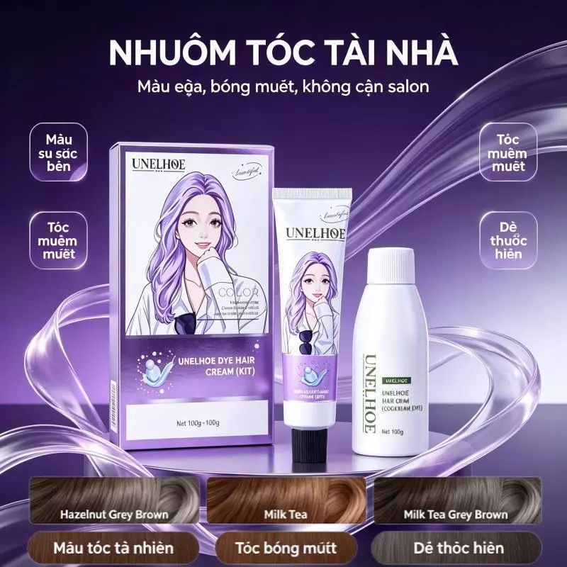 Bộ nhuộm tóc DIY dễ dùng UNELHOE, dòng màu Nâu Xám hạt Dẻ Trà Sữa, không cần đến tiệm tóc