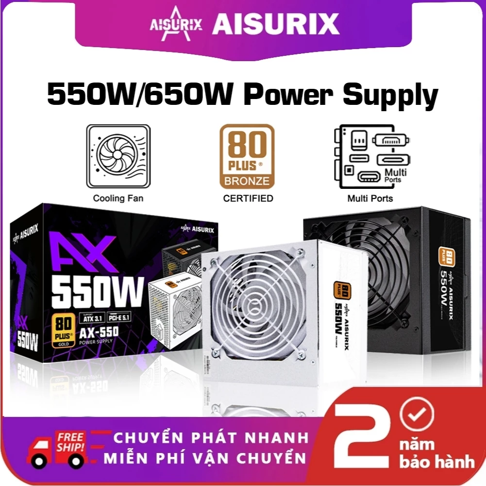 AISURIX Nguồn máy tín 550W/650W Power Supply PSU Computer Bo Mạch chủ Chính 80Plus Bronze Certified
