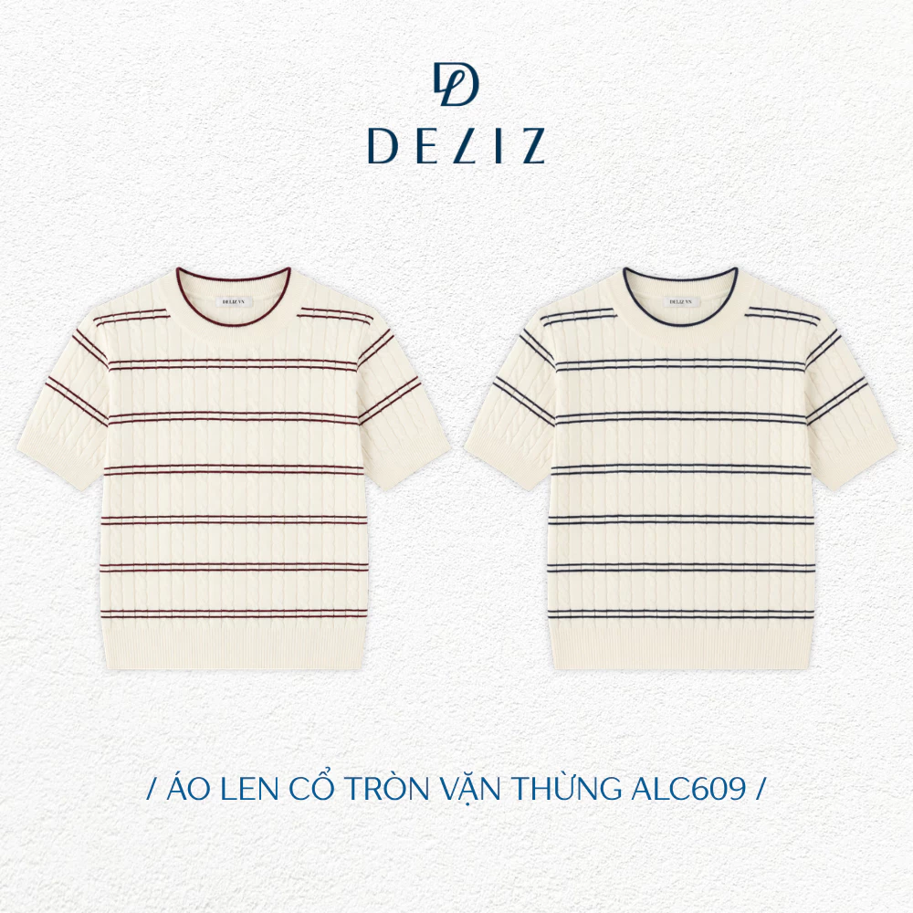 DELIZ – Áo len nữ cổ tròn dệt vặn thừng phối kẻ ngang, áo ngắn tay thiết kế thanh lịch dễ phối đồ ALC609