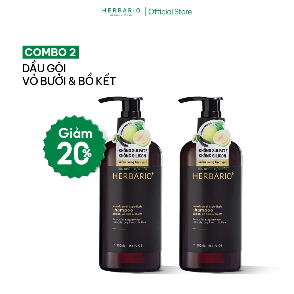 [MUA 2 GIẢM 20%]  Combo 2 Dầu gội Vỏ bưởi và Bồ kết HERBARIO 300ml/1chai