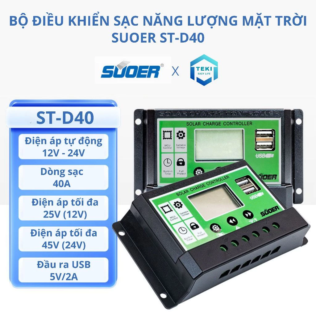Bộ Điều Khiển Sạc Năng Lượng Mặt Trời PWM SUOER ST-D40 12V/24V Tự Nhận Bình Màn LCD USB Kép
