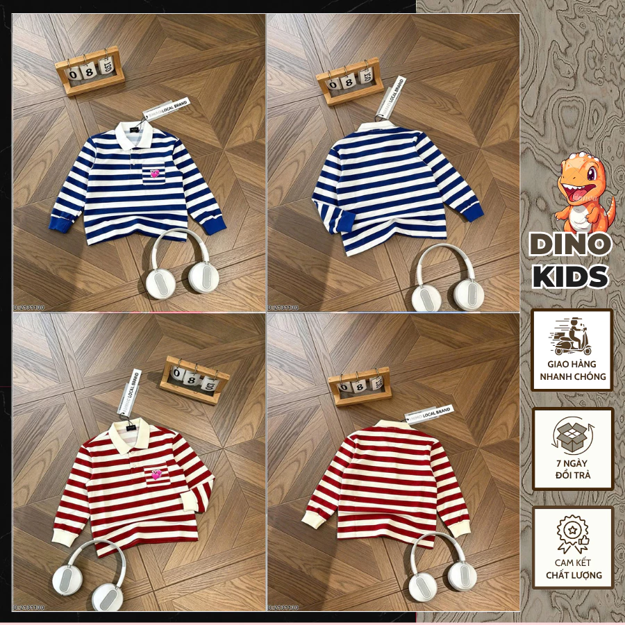 Áo Polo Dài Tay Bé Trai Thêu Logo Ngực Phối Họa Tiết Kẻ Ngang Cực Hot_ Áo Nỉ Dài Tay Cho Bé 2 Màu Siêu Đẹp